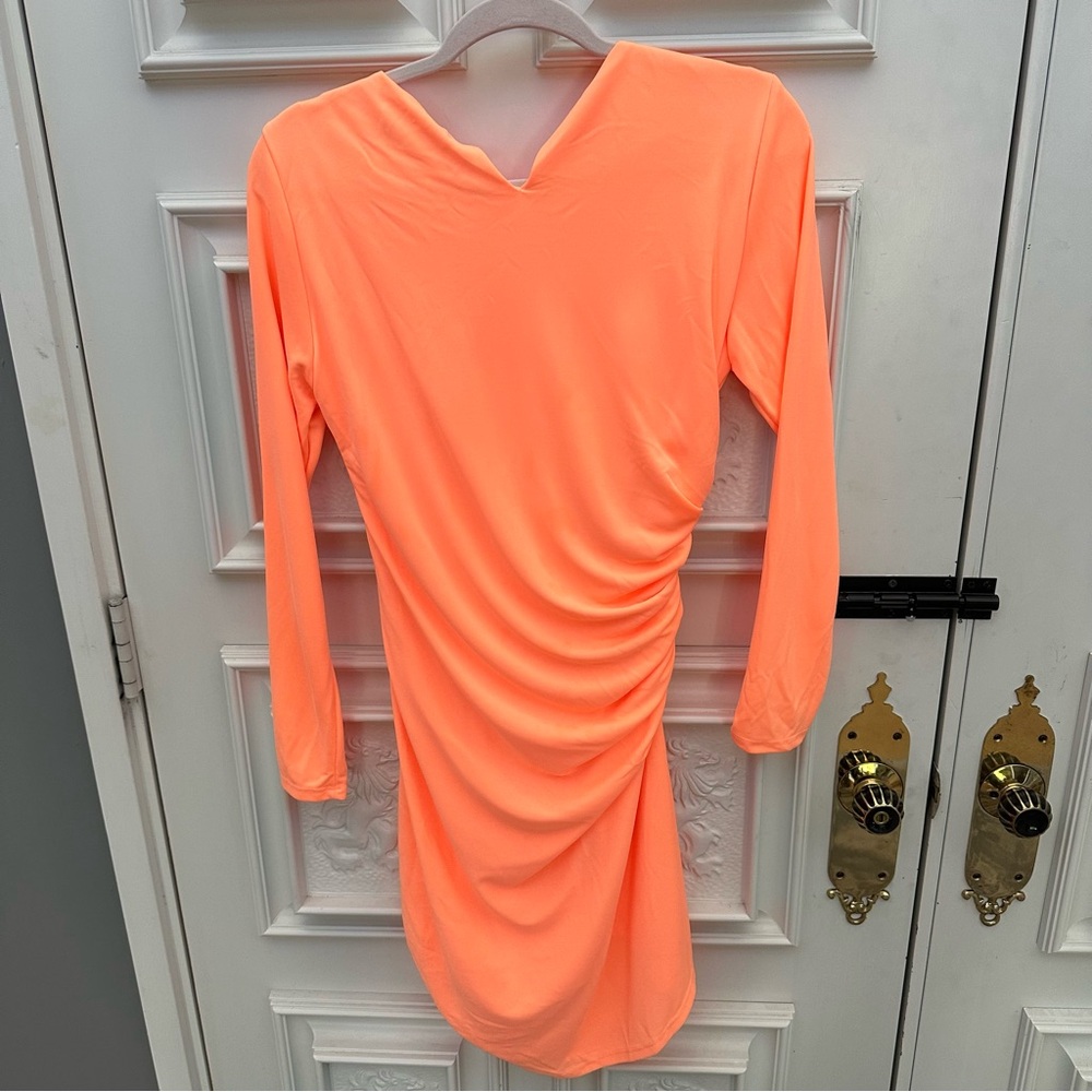Zara Neon Orange Draped Dress - Size LARGE - Picture 6 of 8